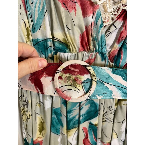 Retro Floral Midi Dress S White Colorful Prairie Mod Boho Classic Chic 70s - Picture 8 of 15